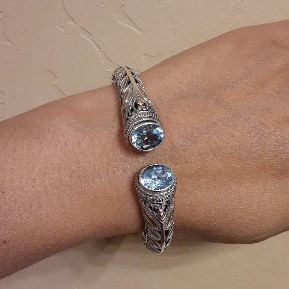 18k, 925 Artisan Crafted Hinged Blue Topaz Cuff. FIRM. - Picture 8 of 15